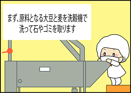 まず、原料となる大豆と麦を洗穀機で洗って石やゴミを取ります